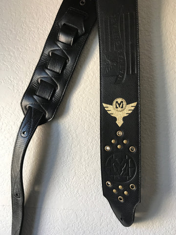 Mathas Guitars - Leather Guitar Strap, - Guitar Straps - Brandish Your Axe - Live Sharp Shred Hard - Sküllanon - Skullduggery - Flight To Fight - Black Gold